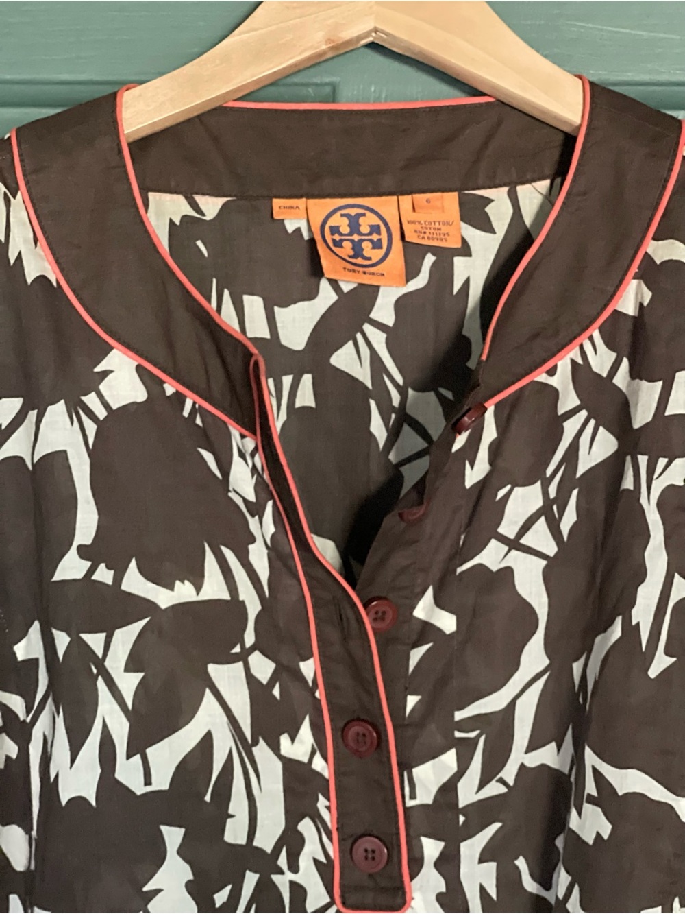 Tory Burch Brown & Cream Printed Long-Sleeve Tunic with Coral Trim - Picture 2 of 5
